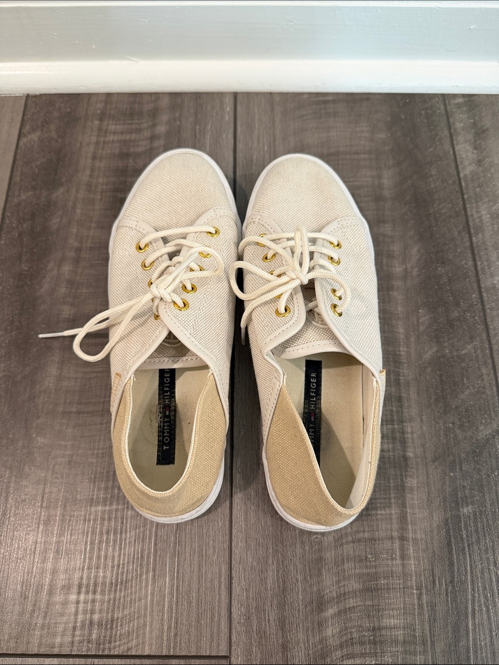 Tommy Hilfiger Beige Canvas Lace-Up Sneakers with Gold Eyelets